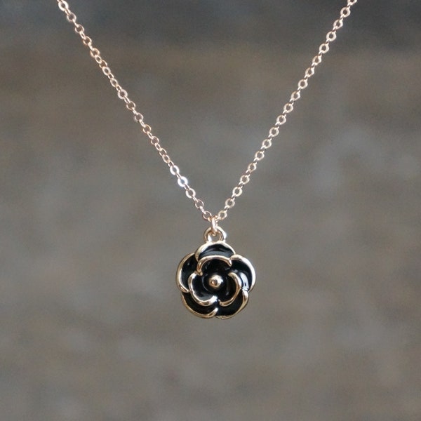 Black Flower Necklace // Black Enamel Flower Pendant on a 14k Gold Filled Chain • Dainty Feminine Jewelry • Mystic Floral Necklace
