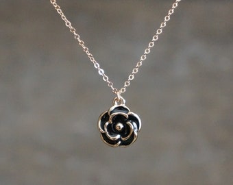 Black Flower Necklace // Black Enamel Flower Pendant on a 14k Gold Filled Chain • Dainty Feminine Jewelry • Mystic Floral Necklace