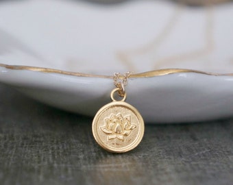 Gold Lotus Disc Necklace // Symbolic Flower Pendant on a 14k Gold Filled Chain • Blooming Lotus Disk Necklace • Dainty Gold Jewelry