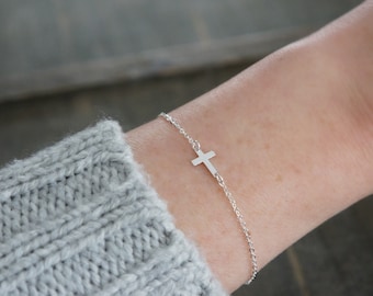 Sideways Cross Bracelet, Sterling Silver Cross Bracelet, Dainty Mini Cross Bracelet, Adjustable Minimalist Bracelet