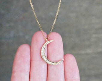 Crescent Moon Necklace // CZ Encrusted Moon Pendant on a 14k Gold Filled  Chain • Dainty Sliver Crescent Moon Charm Necklace • Lunar Jewelry