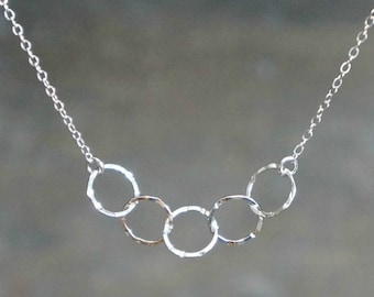 Five Entwined Circles Necklace / Tiny Silver Linked Hammered Infinity Rings on a Sterling Silver Chain .. tiny interlocking eternity circles