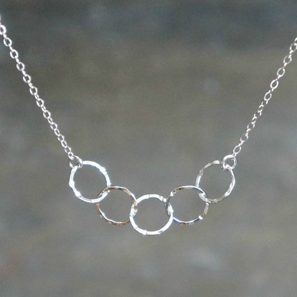 Five Entwined Circles Necklace / Tiny Silver Linked Hammered Infinity Rings on a Sterling Silver Chain .. tiny interlocking eternity circles
