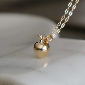 Golden Apple Necklace // Small 3D Apple Pendant on a 14k Gold Filled Chain, Dainty Apple Jewelry, Apple Charm Necklace