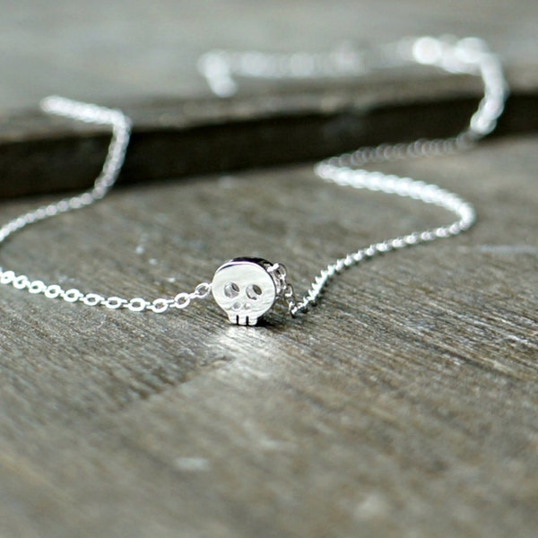 Tiny Silver Skull Necklace / Skull Pendant on Sterling Silver Chain ... spooky rocker girl necklace