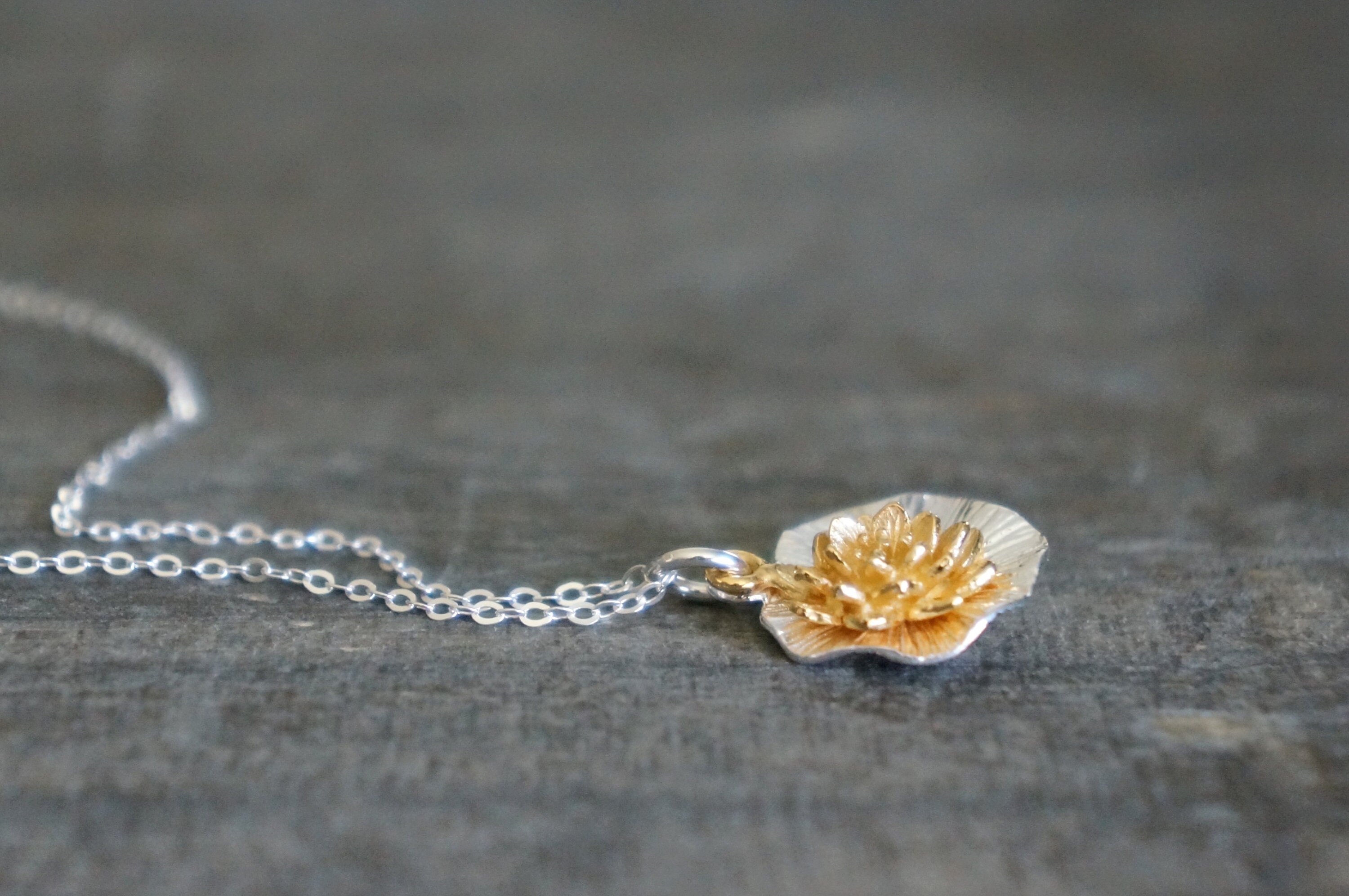 Lotus Necklace // Gold Lotus & Silver Leaf on a Sterling Lotus Necklace // Gold Lotus & Silver Leaf on a Sterling