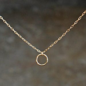 May include: A delicate gold chain necklace with a small, simple circle pendant.