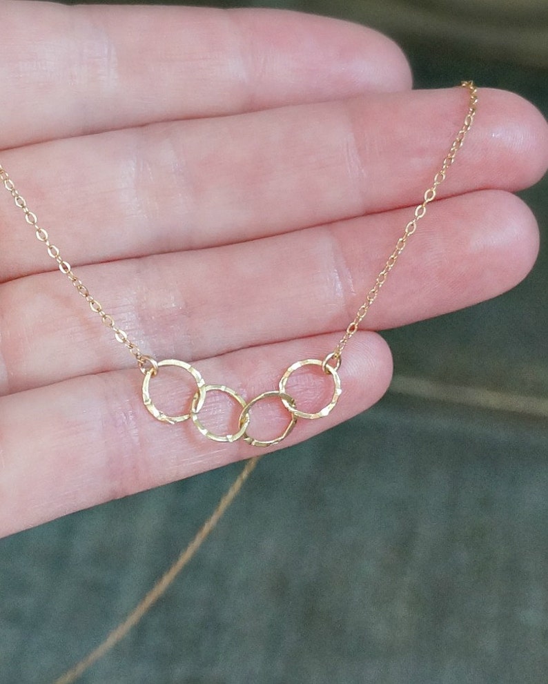 Four Entwined Circles Necklace / Tiny Gold Linked Hammered Infinity Rings on a Gold Filled Chain ... tiny interlocking eternity circles image 3