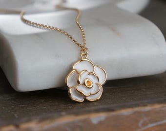 White Flower Necklace // Enamel and Gold Plated Pendant  on a 14k Gold Filled Rolo Chain • Dainty Feminine Jewelry • Gardenia Necklace