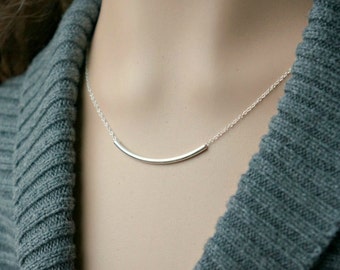 Curved Silver Bar Necklace / Sideways Long Bar Pendant on a Sterling Silver Chain ... Modern Contemporary & Simple