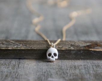 Tiny Skull Necklace // White Enamel Over Gold Pendant on a 14k Gold Filled Chain • Mini Skull Charm Necklace • Dainty Skull Jewelry