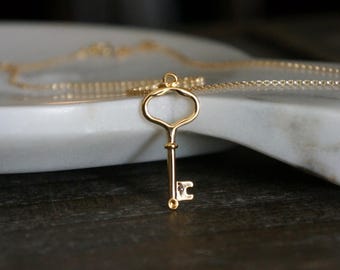 Skeleton Key Necklace // Gold Plated Pendant on a 14k Gold Filled Rolo Chain • Dainty Feminine Jewelry • Gold Key Necklace
