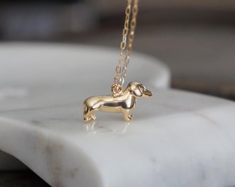 Dachshund Necklace // Small Doxie Pendant on a 14k Gold Filled Chain, Dainty Low Rider Dog Jewelry, Sausage Dog Charm Necklace