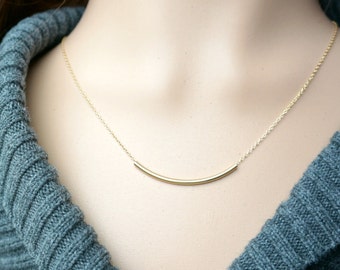 Curved Gold Bar Necklace / Sideways Long Bar Pendant on a Gold Filled Chain