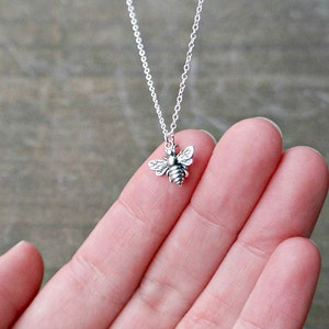 Silver Bee Necklace / Tiny Silver Bumble Bee Pendant on a Sterling Silver Chain ... detailed realistic chubby honey bee necklace