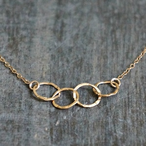 Four Entwined Circles Necklace / Tiny Gold Linked Hammered Infinity Rings on a Gold Filled Chain ... tiny interlocking eternity circles image 1