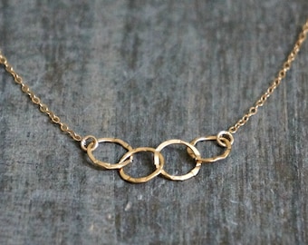 Four Entwined Circles Necklace / Tiny Gold Linked Hammered Infinity Rings on a Gold Filled Chain ... tiny interlocking eternity circles
