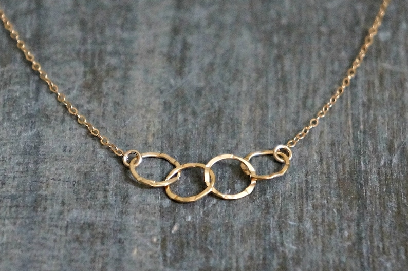 Four Entwined Circles Necklace / Tiny Gold Linked Hammered Infinity Rings on a Gold Filled Chain ... tiny interlocking eternity circles image 1