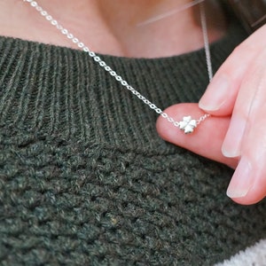May include: A silver chain necklace with a small four-leaf clover pendant.