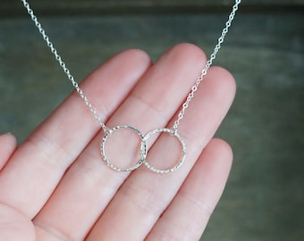 Two Silver Rings Necklace // 14mm Textured Silver Linked Infinity Rings on a Sterling Silver Chain • Interlocking Eternity Circles