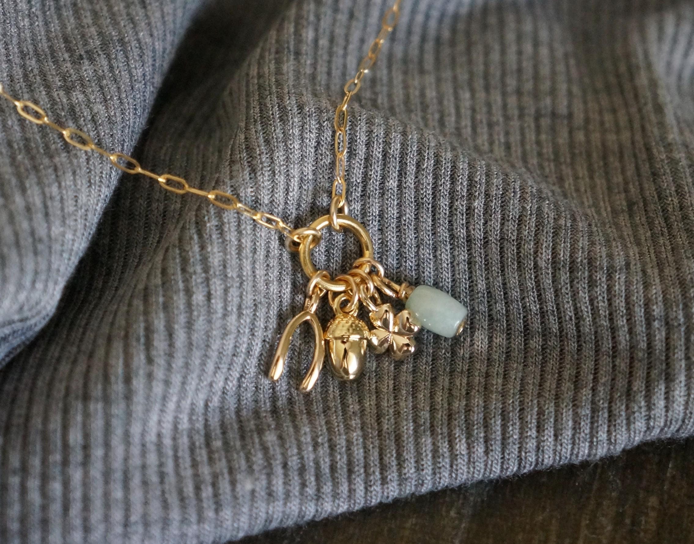 Lucky Charm Necklace / Good Luck Pendants on a 14k Gold Filled Chain, Custom Charm Necklace, Mini Amulet Necklace Wishbone Acorn Clover Jade
