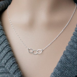 Three Entwined Circle Necklace / Tiny Silver Linked Hammered Infinity Rings on a Sterling Silver Chain .. tiny interlocking eternity circles