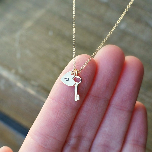 Key to My Heart / Tiny 14k Gold Monogrammed Heart and Key with lowercase letter of your choice on a Gold - Filled Chain