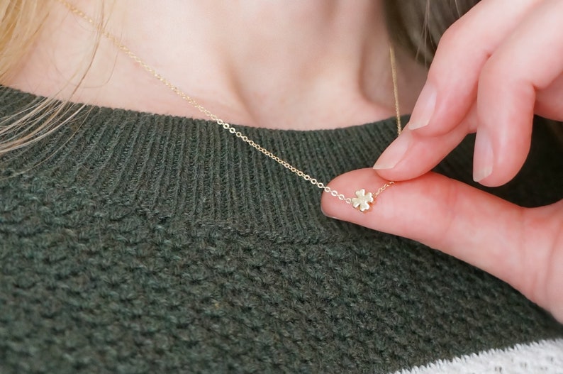 Tiny Gold Clover Necklace // Floating Four Leaf Clover Pendant on a 14k Gold Filled Chain • Good Luck Charm Necklace • Lucky Jewelry 