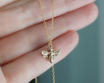 Golden Bee Necklace / Tiny Italian Bronze Bumble Bee Pendant on a 14k Gold Filled Chain ... detailed realistic chubby honey bee necklace
