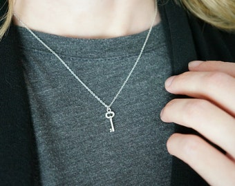 Silver Key Necklace / Petite Skeleton Key Pendant on a Sterling Silver Chain • Girlfriend Best Friends Graduation • Key to my Heart Necklace