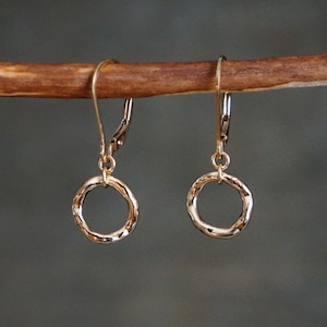 May include: A pair of gold-colored hoop earrings with a textured, hammered finish. The earrings are suspended from lever-back closures and are displayed against a muted gray background.