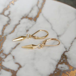 May include: A pair of gold-toned earrings with a geometric, pointed design. The earrings have a leverback closure.