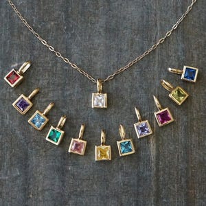 Tiny CZ Birthstone Necklace // Crystal Birthstone Pendant on a 14k Gold Filled Chain, Gold Framed Cubic Zirconia Charm Necklace