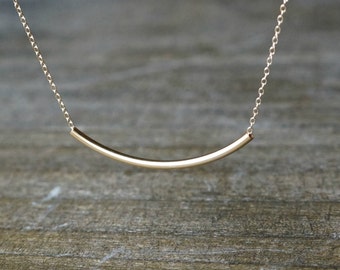 Curved Gold Bar Necklace / Sideways Long Bar Pendant on a Gold Filled Chain