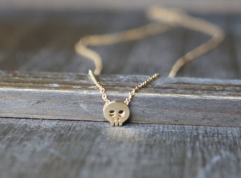 Tiny Gold Skull Necklace / Skull Pendant on Gold Filled Chain image 2