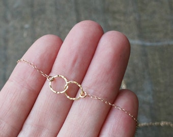 Entwined Circle Necklace / Tiny Gold Linked Hammered Infinity Rings on a 14k Gold Filled Chain ... tiny interlocking eternity circles