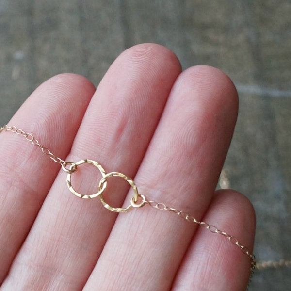 Entwined Circle Necklace / Tiny Gold Linked Hammered Infinity Rings on a 14k Gold Filled Chain ... tiny interlocking eternity circles