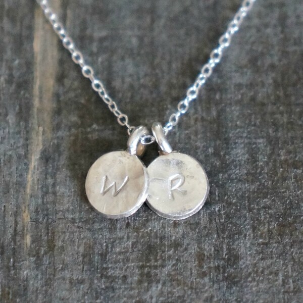 Tiny Silver Initial Disc Necklace // Two Hammered Personalized Discs on a Sterling Silver Chain • Custom Monogram Personal Gift for Her