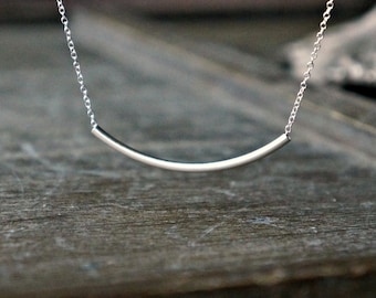 Curved Silver Bar Necklace / Sideways Long Bar Pendant on a Sterling Silver Chain ... Modern Contemporary & Simple