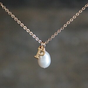May include: A gold chain necklace with a single pearl pendant and a small gold letter 'P' charm.