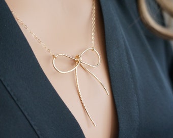 Floating Bow Necklace / Dainty Gold Ribbon Pendant on a 14k Gold Filled Chain • Bow Charm Necklace • Dainty Feminine Jewelry