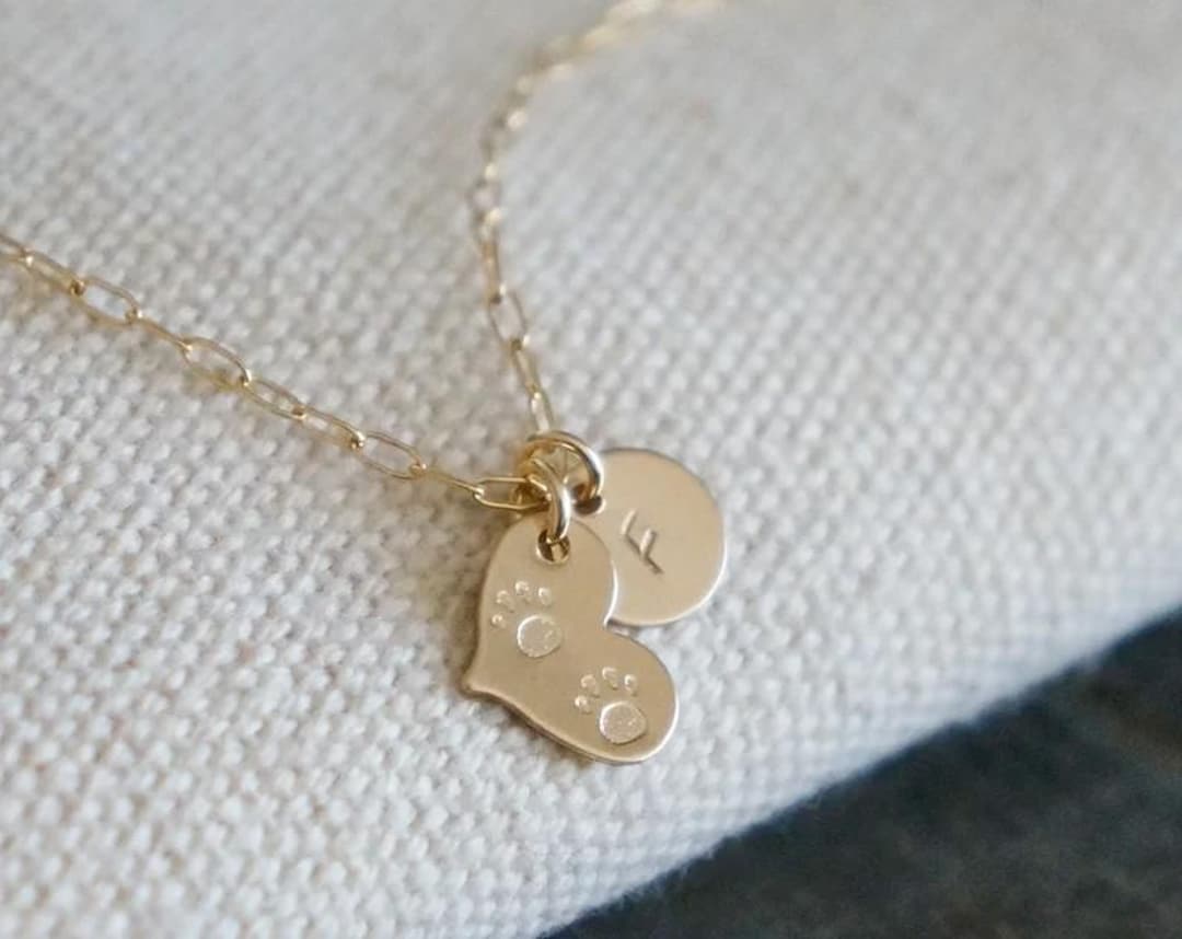 Pet Paws & Initial Necklace // Paw Print Heart and Tiny Personalized ...