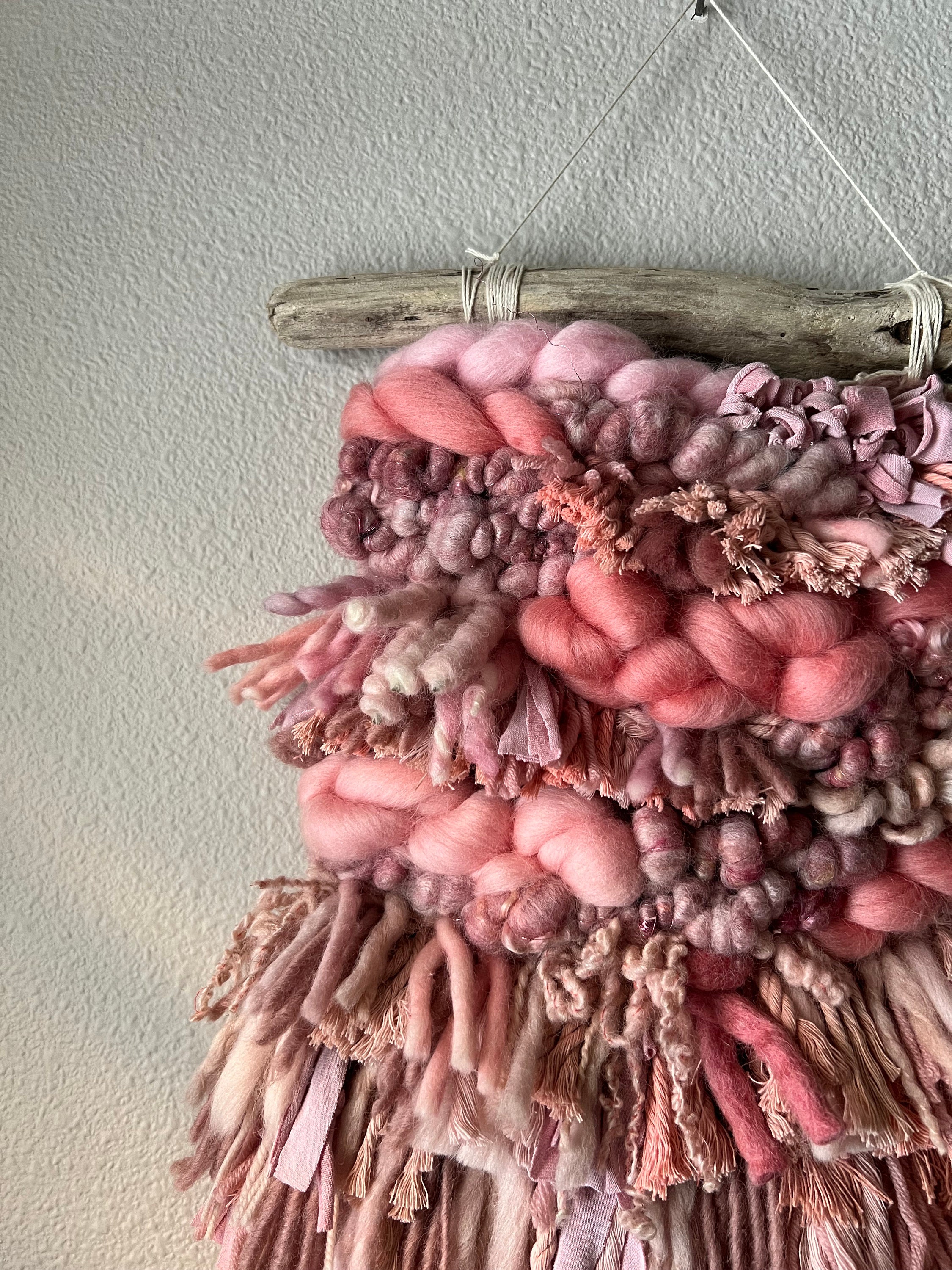 Pink Woven Wall Hanging With Shaggy Fringe Boho Tassel, Unique Handmade