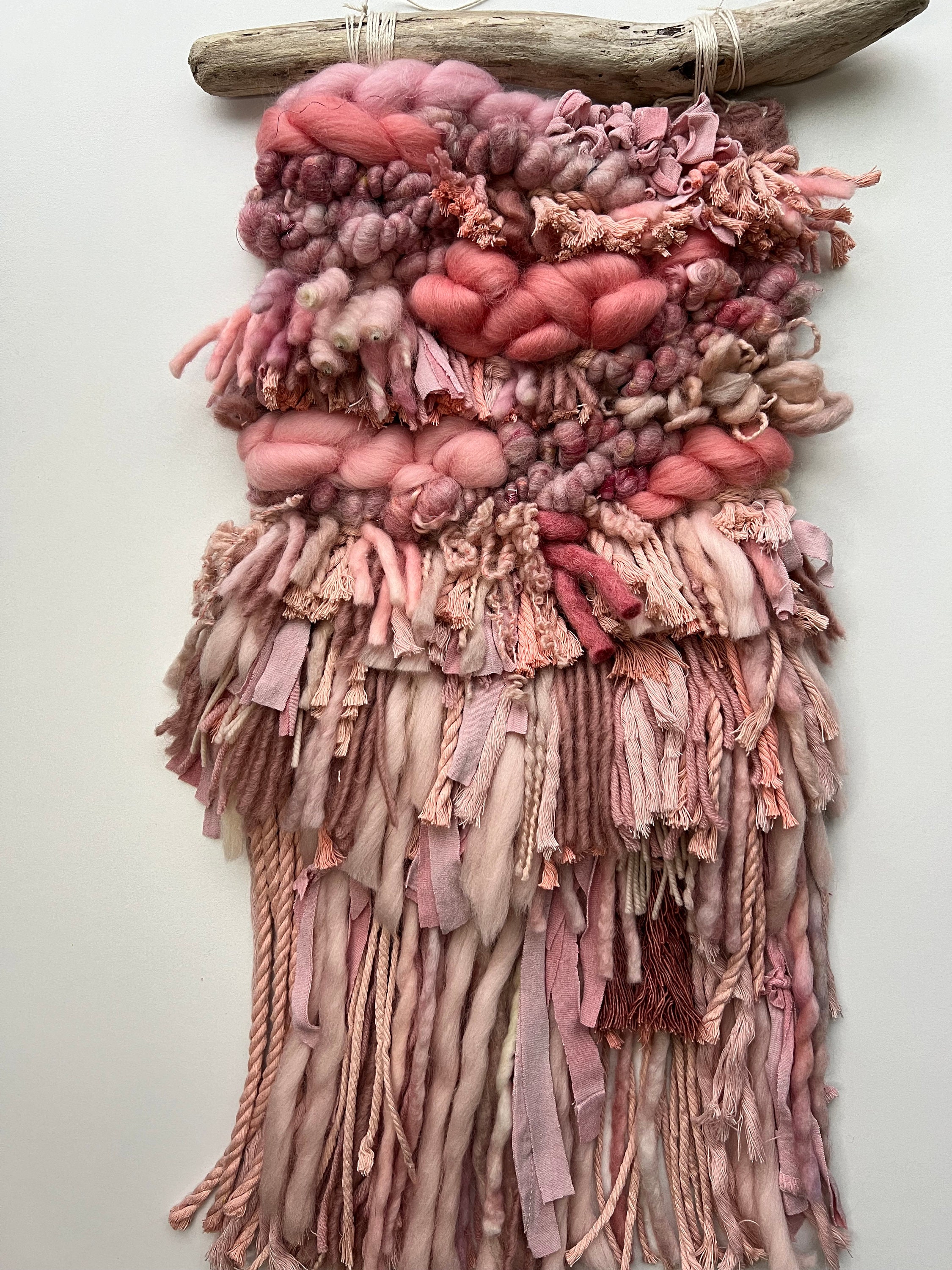 Pink Woven Wall Hanging With Shaggy Fringe Boho Tassel, Unique Handmade