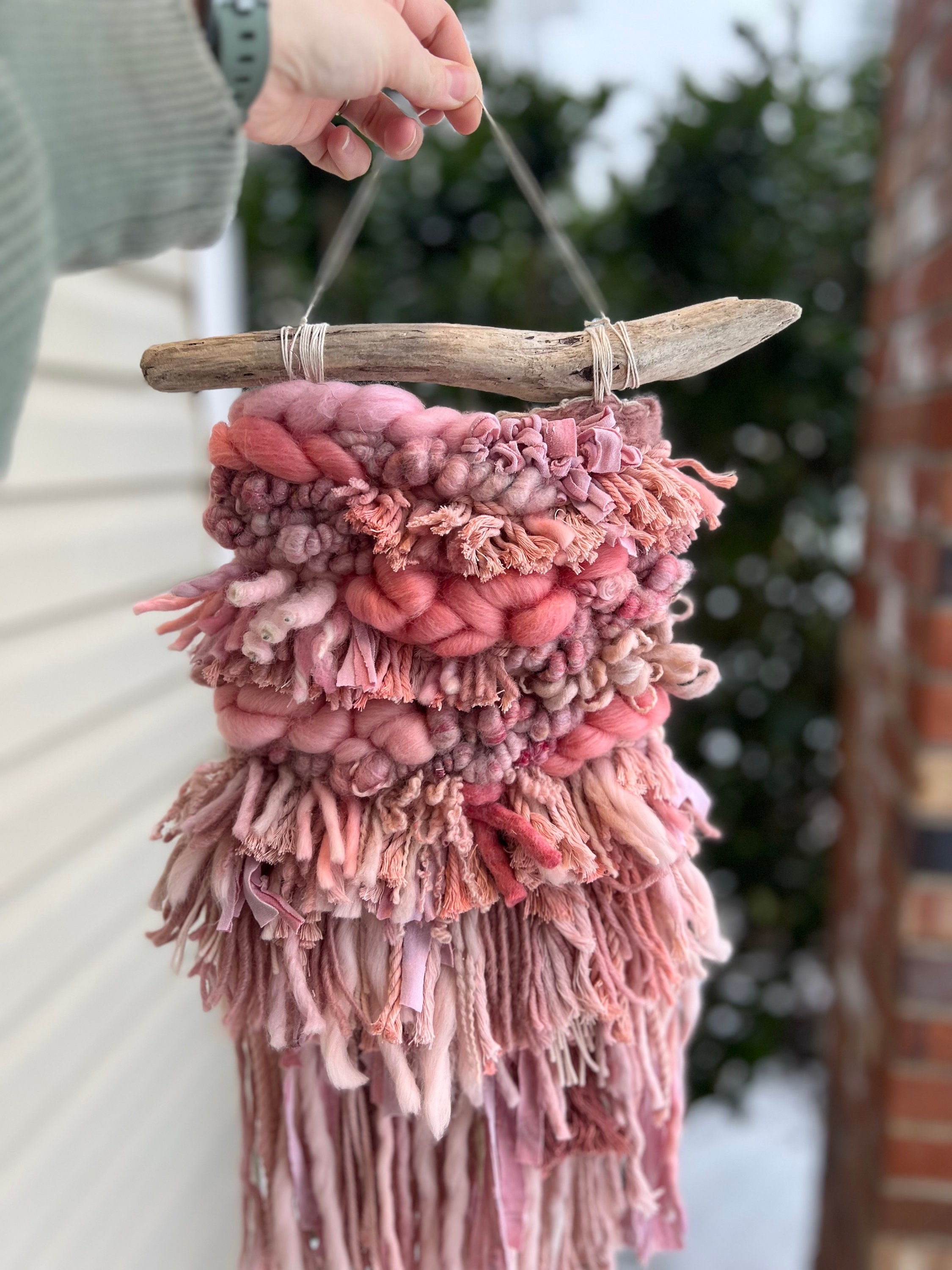Pink Woven Wall Hanging With Shaggy Fringe Boho Tassel, Unique Handmade