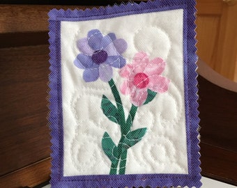 Floral Easel Quilt | Mini Purple Flower Quilt | Mini Art Quilt | 4" X 5"