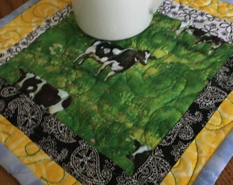 Cow Snack Mat | Quilted Mug Rug | Yellow Black Mug Mat