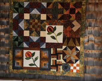 Handmade Country Sampler Quilted Wall Hanging, Lap Quilt, 51" X 51"