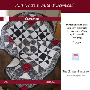 May include: A black and white quilt pattern with red accents, called "Crescendo", is shown on a brown armchair. The quilt is 43 inches by 43 inches and is designed to be a lap quilt or wall hanging. The pattern is by Adele Mogavero and is available as a PDF instant download from The Quilted Bungalow.