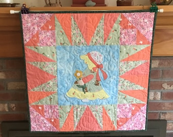 Sunbonnet Sue Quilted Wall Art, Handmade Quilted Wall hanging, 24" Square Home Decor